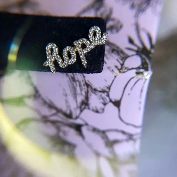 GOLD TONE DIAMOND PETITE SCRIPT HOPE EARRINGS POST BACK - Picture 6 of 8